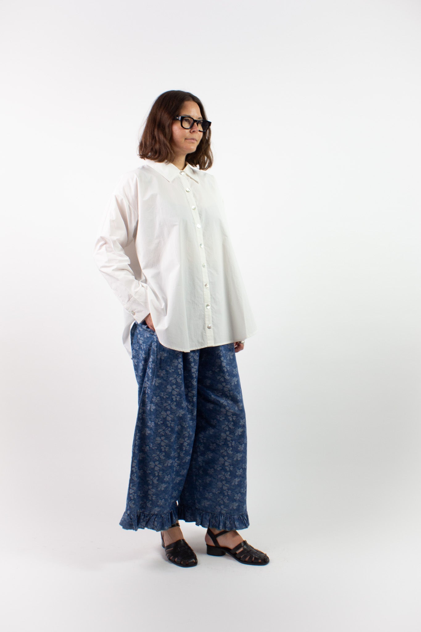 Floral Chambray Ruffle Pants