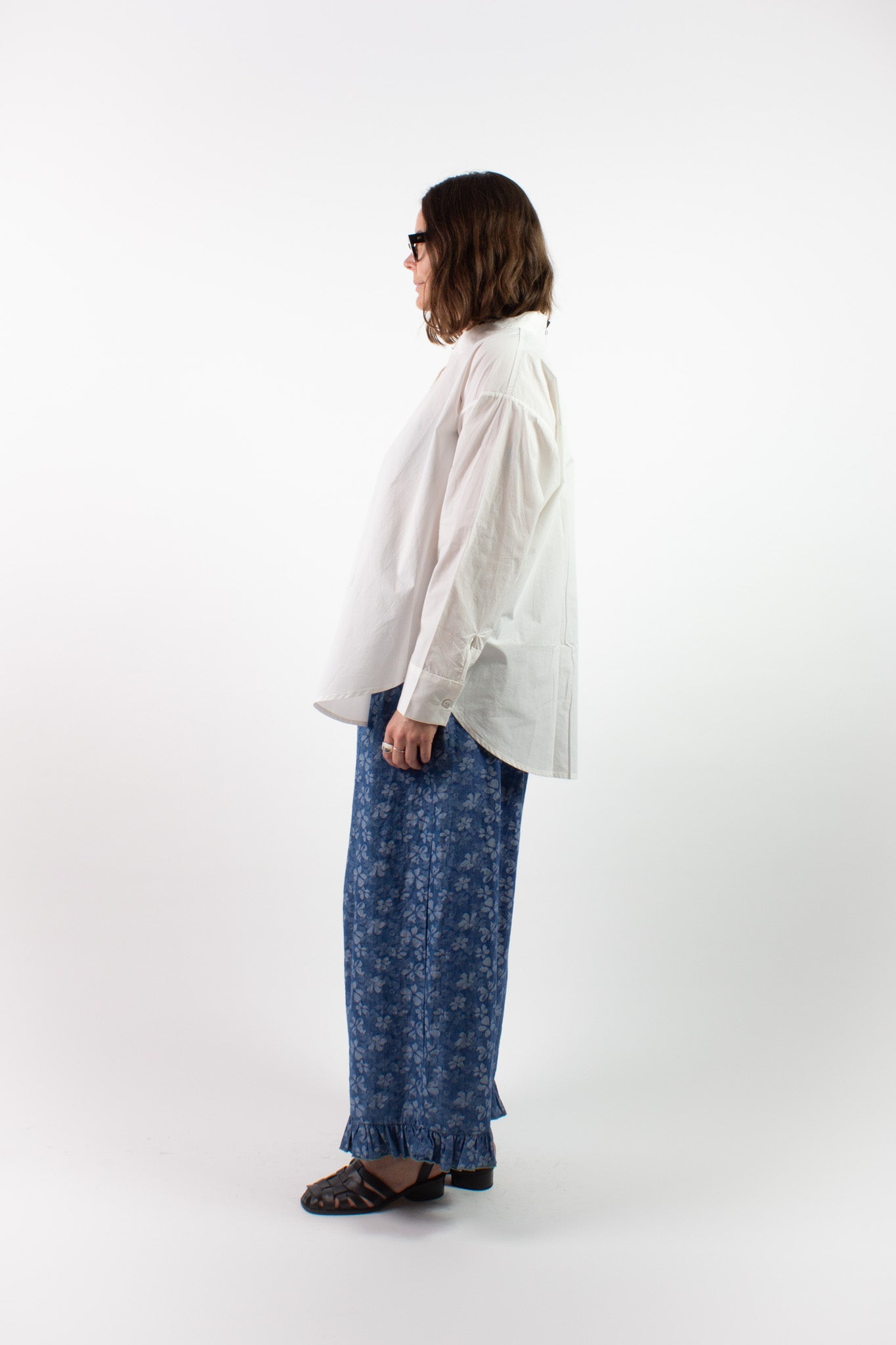 Floral Chambray Ruffle Pants