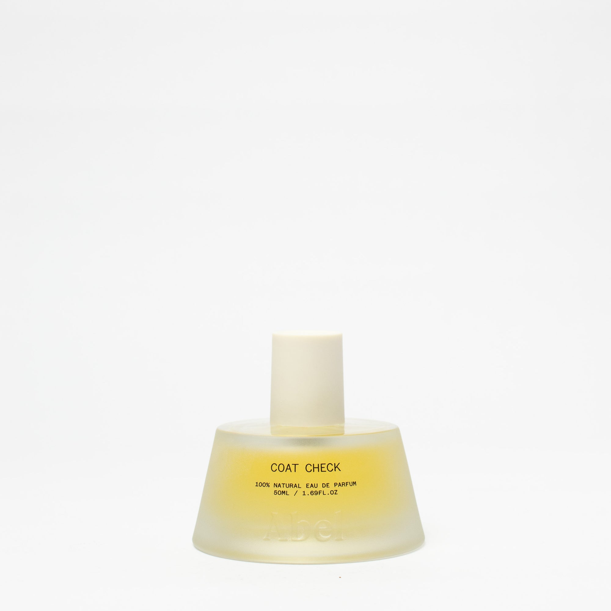 Perfume bottle labeled 'Coat Check' on a white background