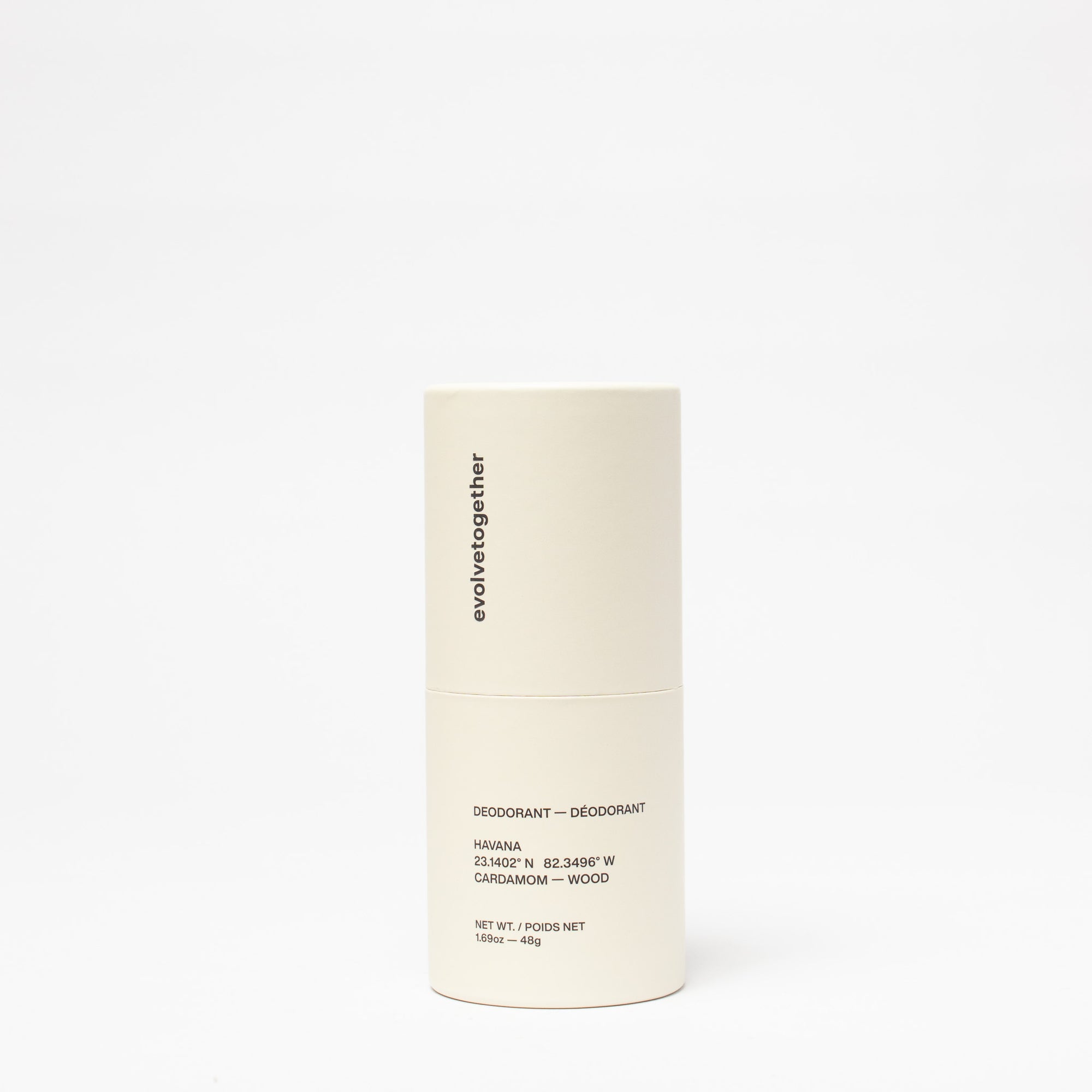 Beige deodorant stick with 'evolvo together' branding on a white background
