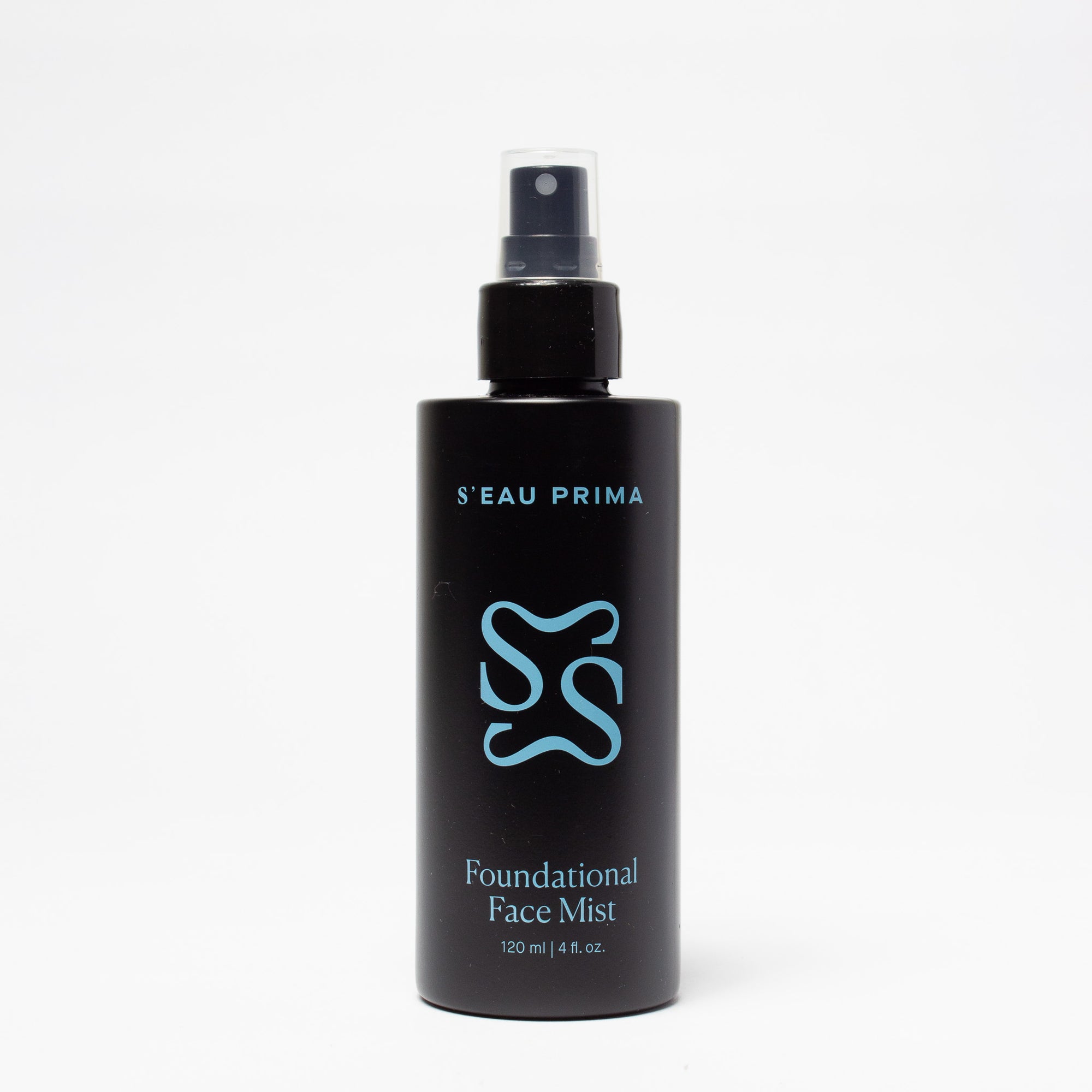Black spray bottle labeled 'S'EAU PRIMA' on a white background