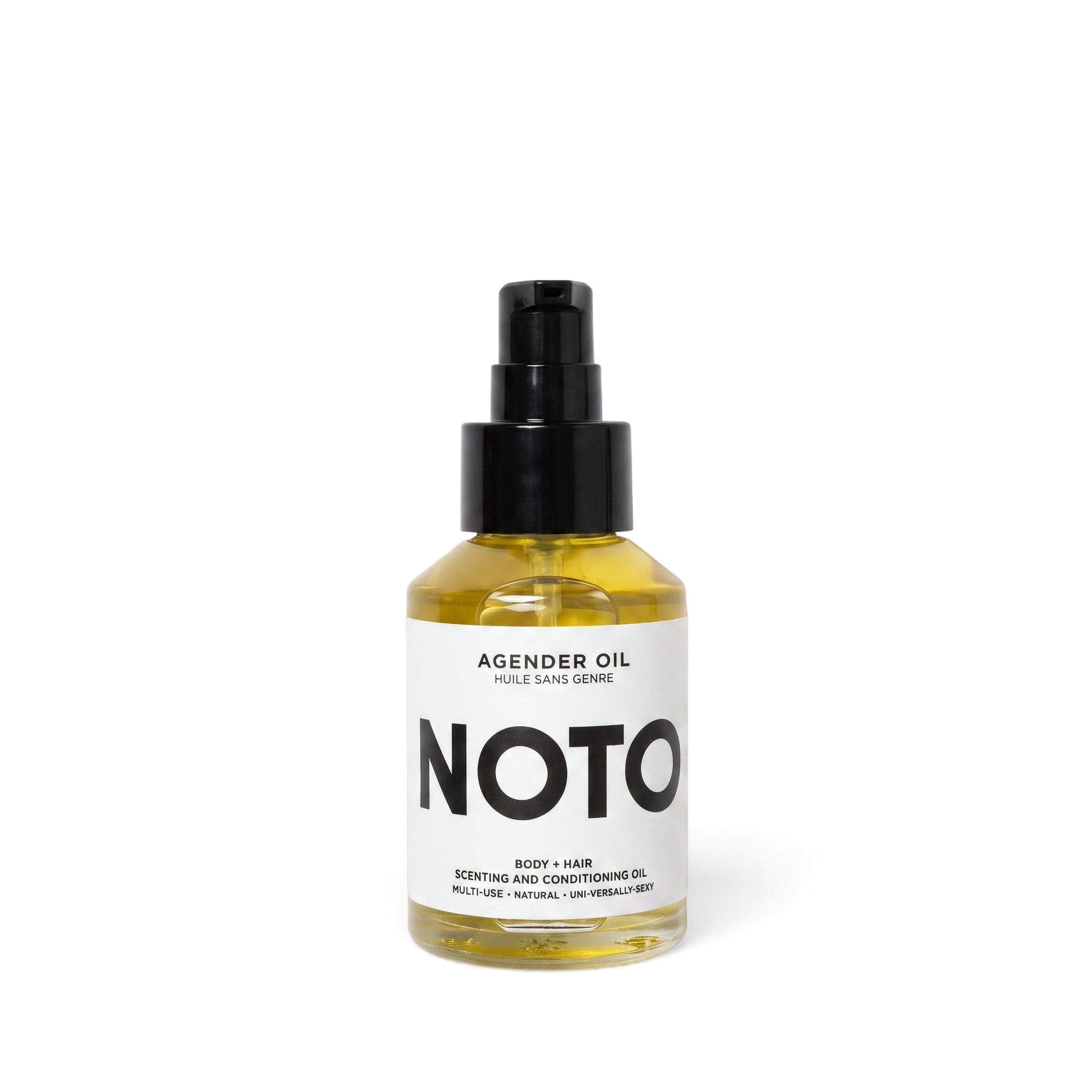 The Sunday Standard NOTO Agender Anywhere Oil in a clear glass pump bottle for body and hair conditioning.